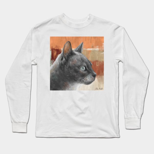 Painting of a Grey Cat with Teal Colored Eyes, in Retro Orange Background. Long Sleeve T-Shirt by ibadishi